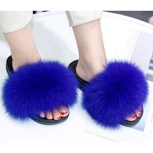 Valpeak  Slippers Slides Women Open Toe Fuzzy Girls Fluffy ,Women, Blue,  8-9